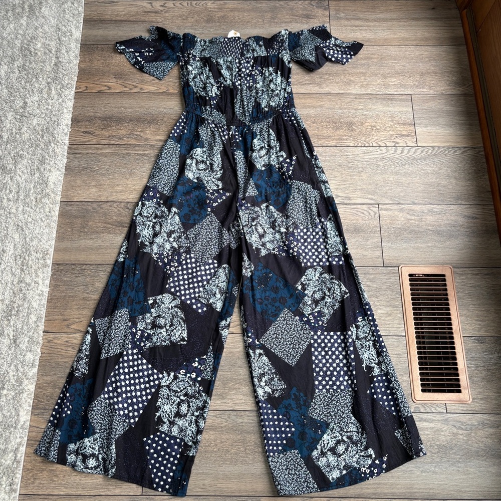 NWT Earthbound Trading Co Blue Boho Patchwork Viscose Wide Leg Jumpsuit Sz Small